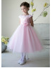 Cap Sleeves Satin Tulle Tea Length Flower Girl Dress With Flower Sash